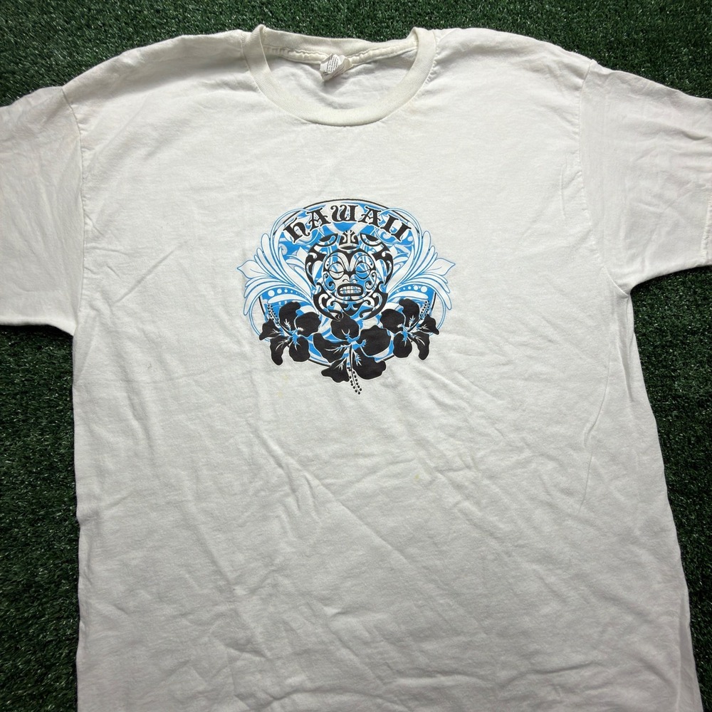VTG Y2K style Hanes Hawaii surf Graphic T-Shirt Mens L White Tiki hibiscus Tee